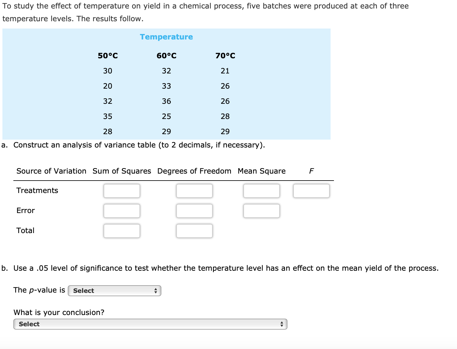 Solved To study the effect of temperature on yield in a | Chegg.com
