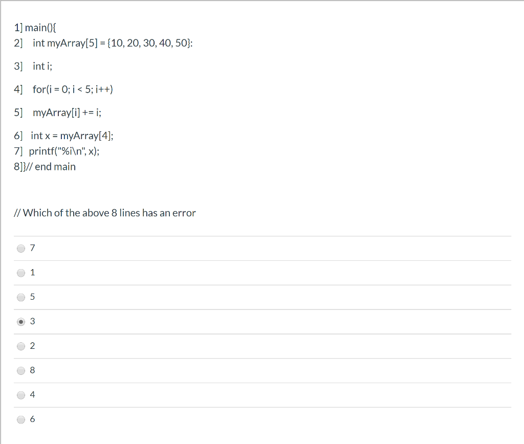 Solved 1] main() { 2] int myArray[5] = {10, 20, 30, 40, 50}