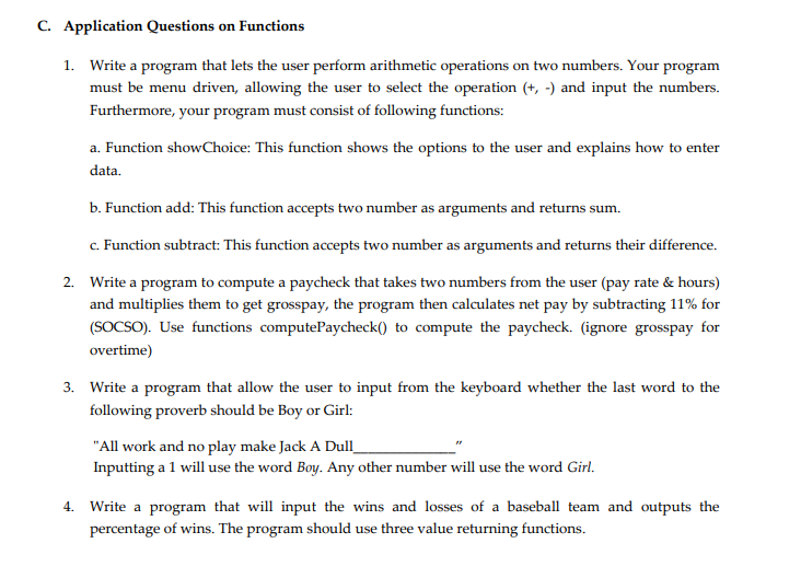 Solved C. Application Questions on Functions 1. Write a | Chegg.com