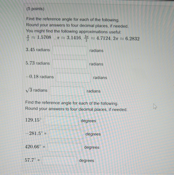 Solved (5 Points) Find The Reference Angle For Each Of The | Chegg.com