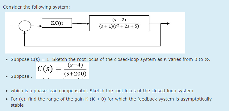 Solved Consider the following system: KC(s) (S-2) (s + 1)(2 | Chegg.com