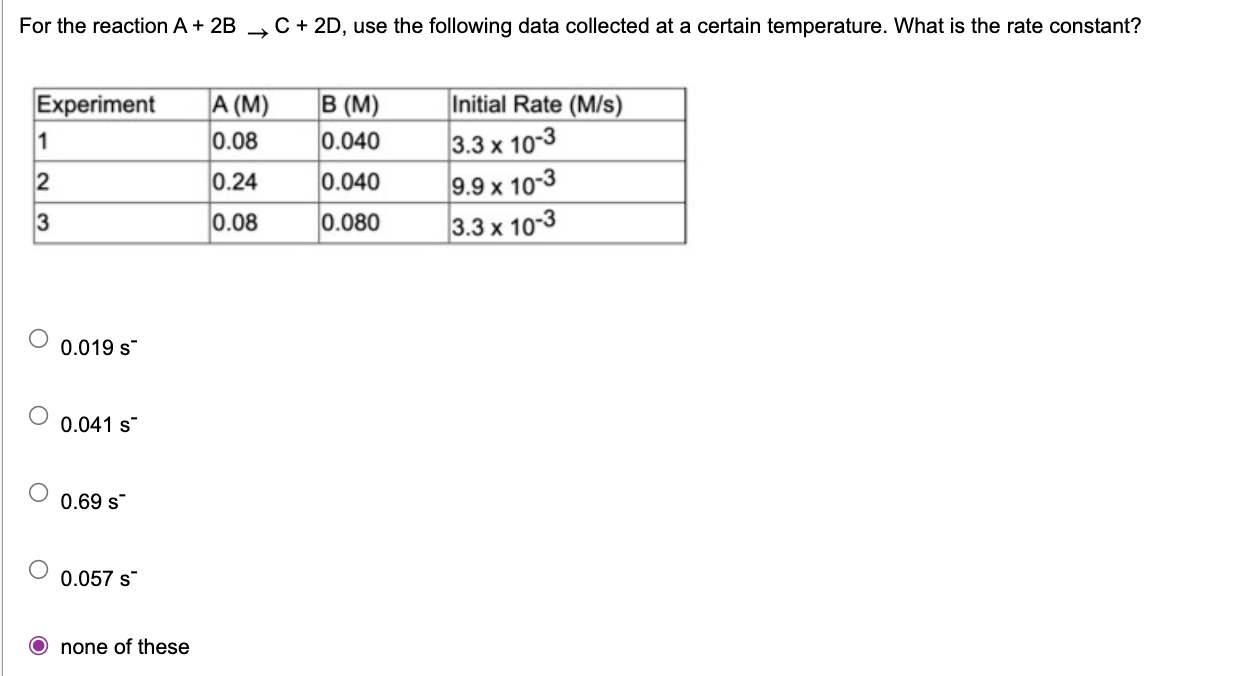 Solved For the reaction A+2B→C+2D, use the following data | Chegg.com