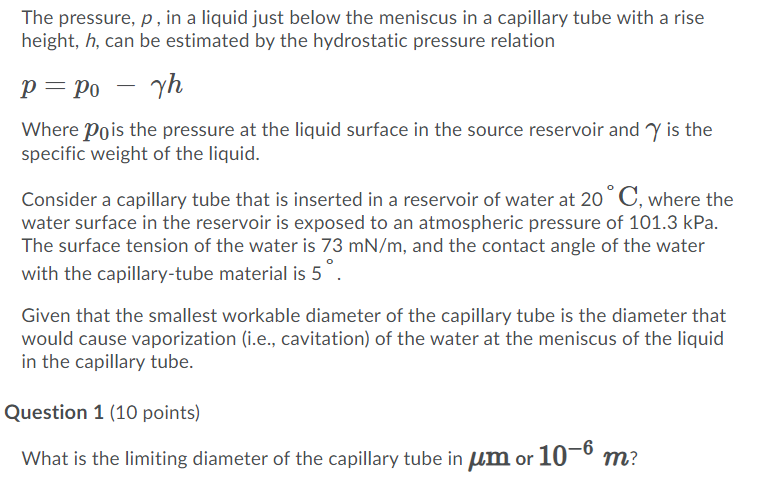 Solved The pressure, p, in a liquid just below the meniscus | Chegg.com
