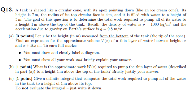 Solved Q13. A tank is shaped like a circular cone, with its | Chegg.com
