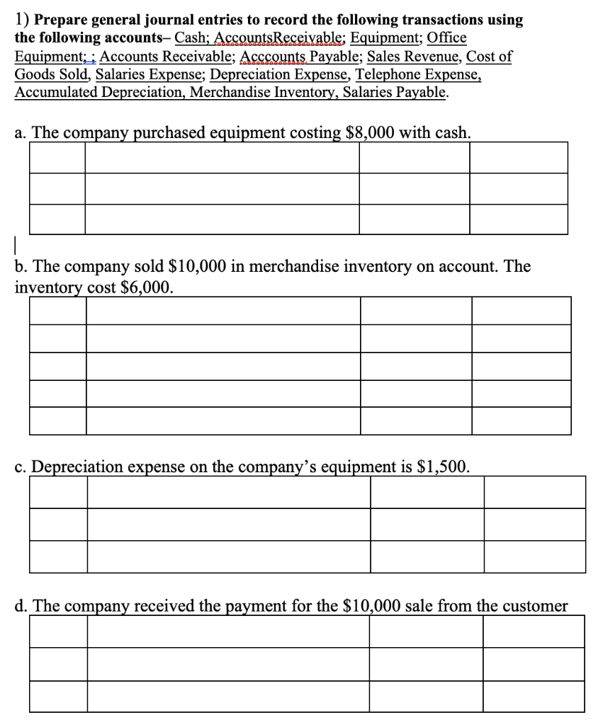 Solved 1) Prepare General Journal Entries To Record The 