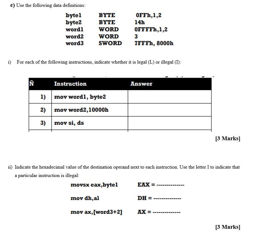 Solved e) Use the following data definitions: bytel byte2 | Chegg.com