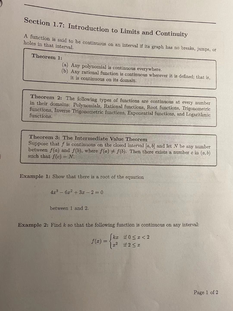 Solved Section 1.7: Introduction to Limits and Continuity | Chegg.com