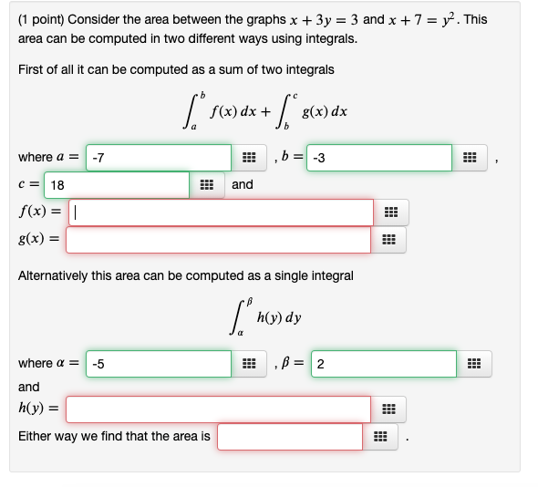 Solved (1 point) Consider the area between the graphs x + 3y | Chegg.com