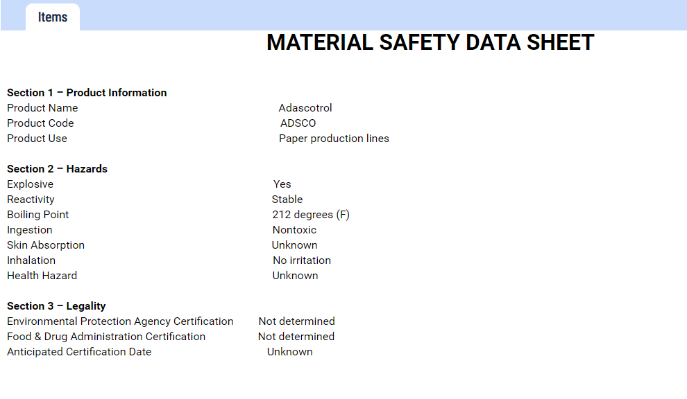 Solved Items MATERIAL SAFETY DATA SHEET Section 1 - Product | Chegg.com