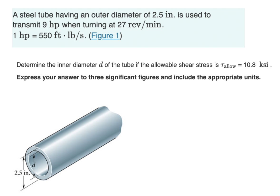 Solved A steel tube having an outer diameter of 2.5in. is | Chegg.com