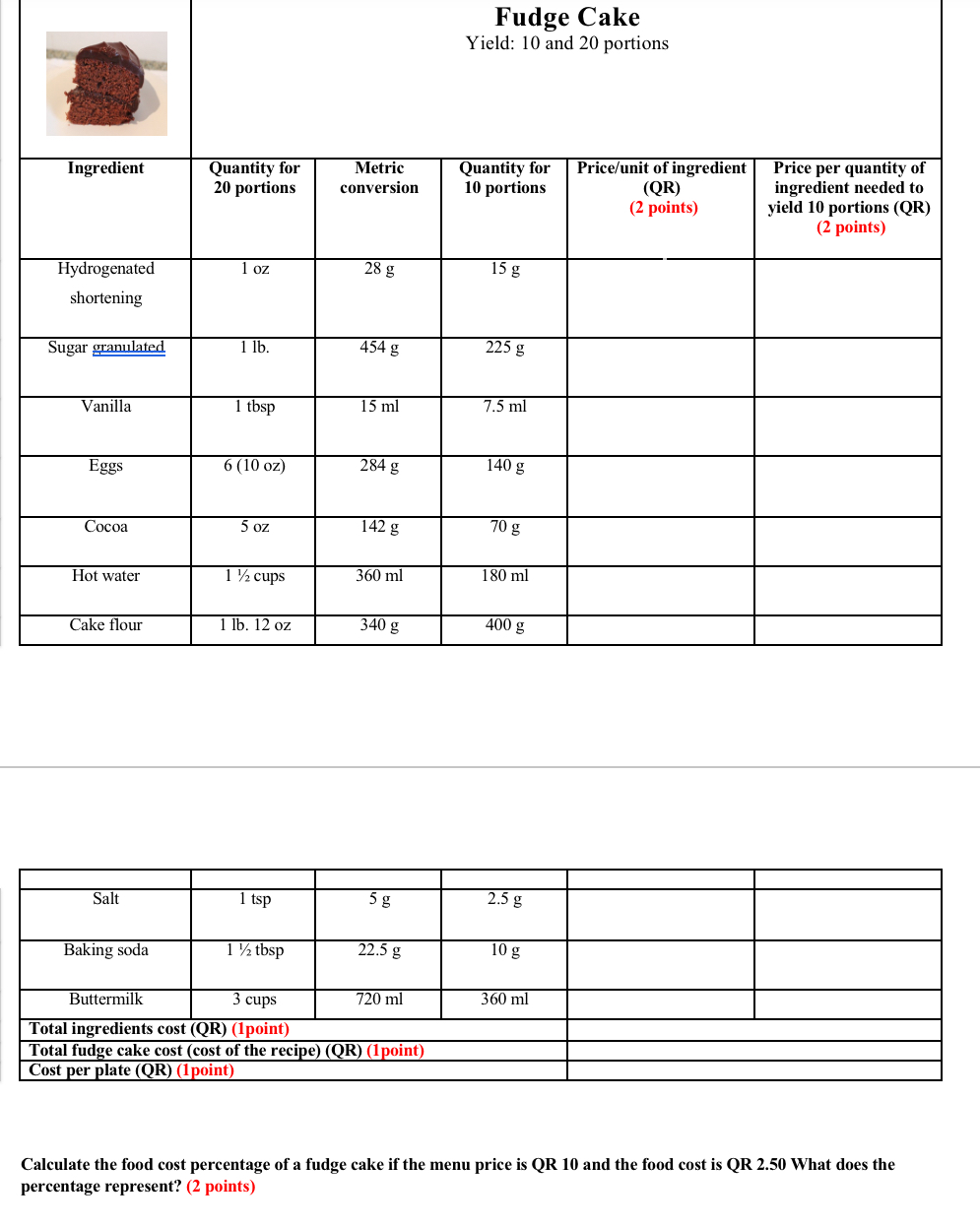 Solved Fudge Cake Yield 10 and 20 portions Calculate the
