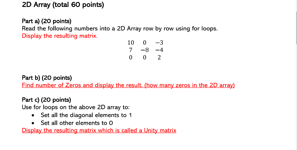 Solved 2D Array (total 60 points) Part a) (20 points) Read | Chegg.com