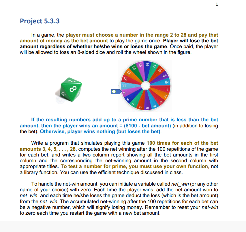 Solved 1 Project 5.3.3 In a game, the player must choose a | Chegg.com
