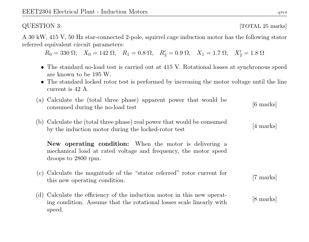 EEET2304 Electrical Plant - Induction Motors Q3v4 | Chegg.com