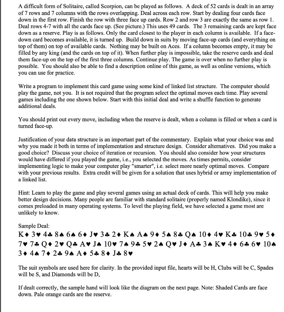 Please write Java programming for Scorpion Solitaire. | Chegg.com