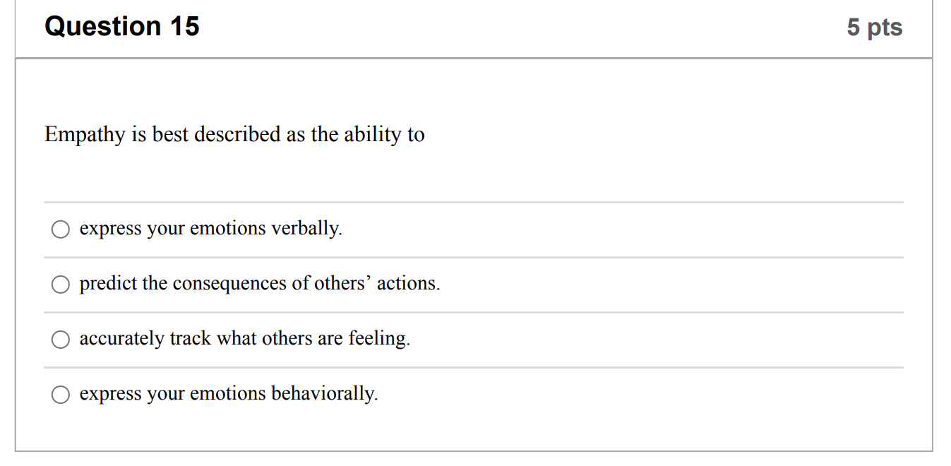 Solved Question 15 5 pts Empathy is best described as the | Chegg.com