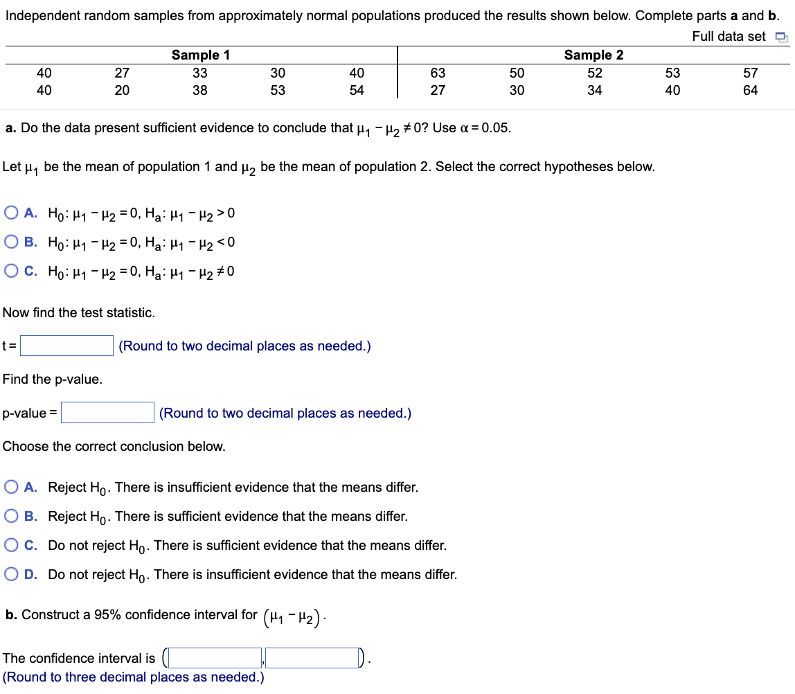 Solved Independent random samples from approximately normal | Chegg.com
