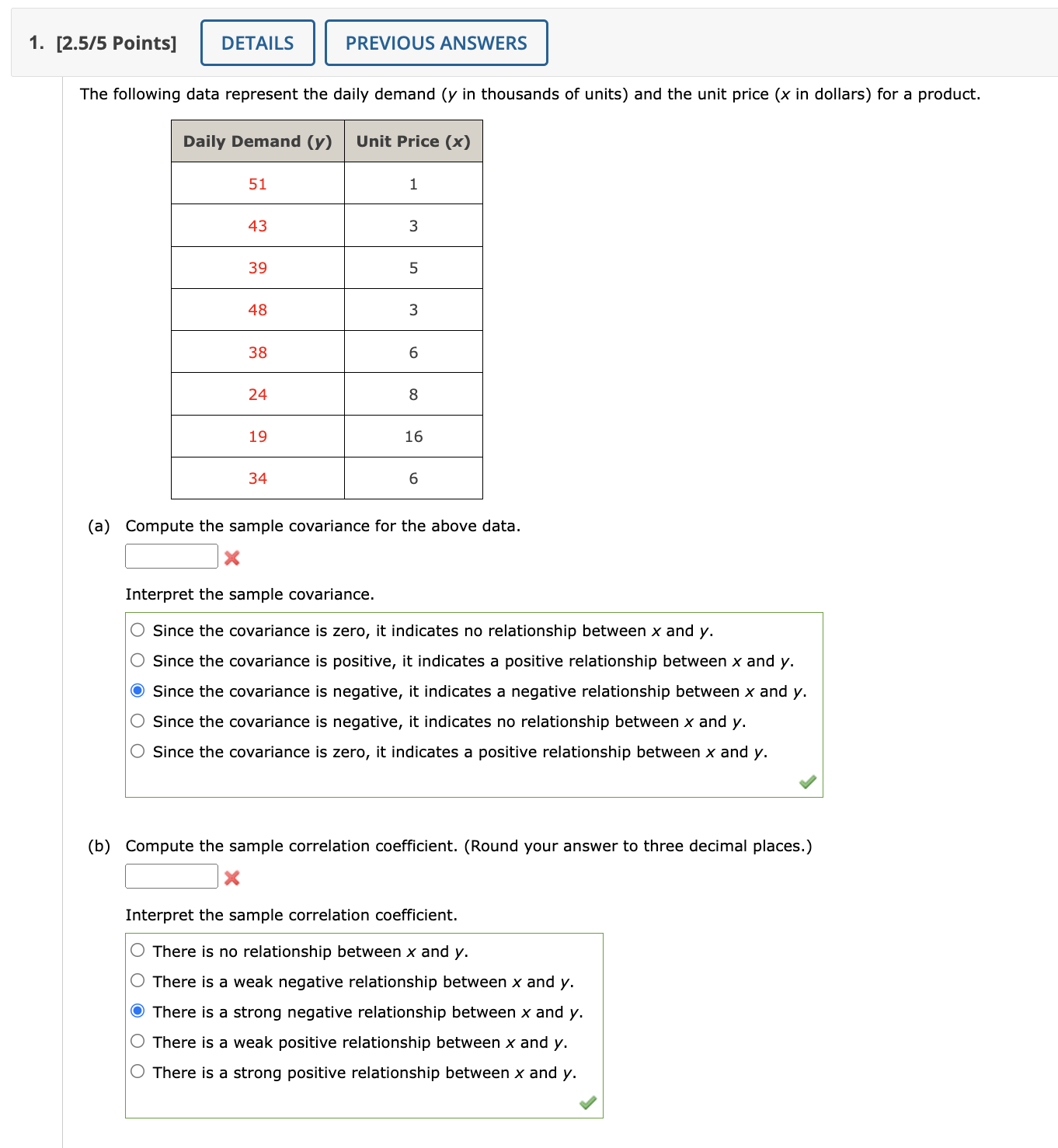 Solved (a)Compute The Sample Covariance For The Above | Chegg.com