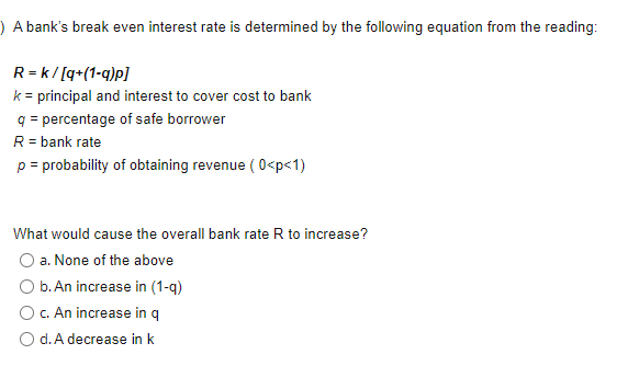 Solved A bank's break even interest rate is determined by | Chegg.com