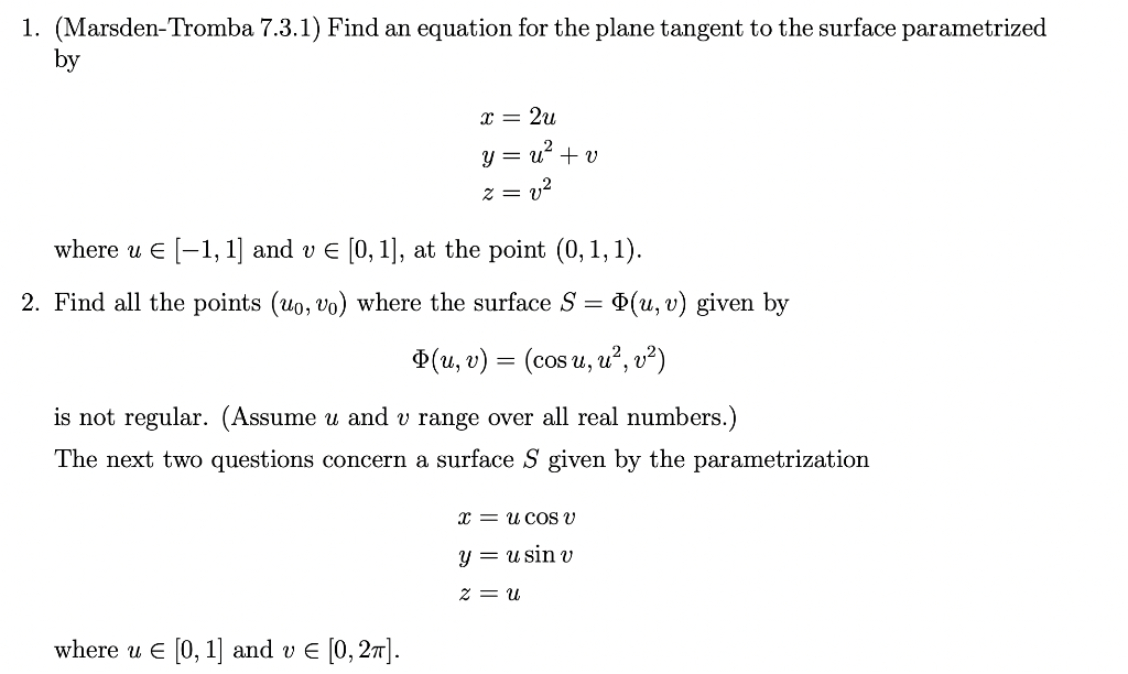 Solved 1. (Marsden-Tromba 7.3.1) Find an equation for the | Chegg.com