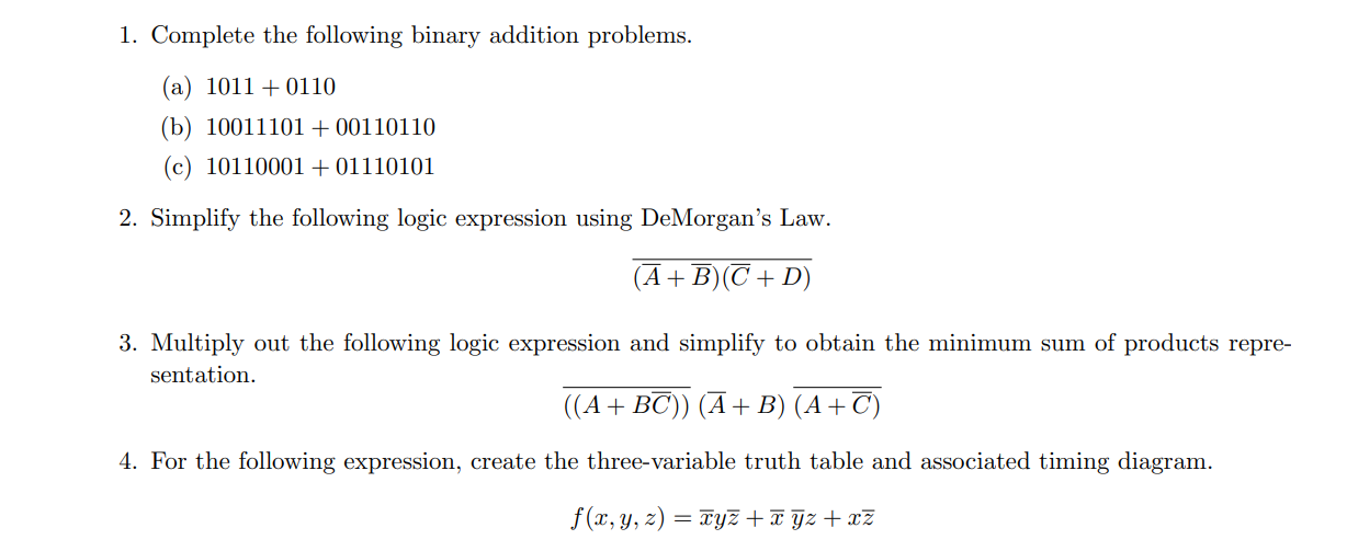 Solved 1. Complete The Following Binary Addition Problems. | Chegg.com