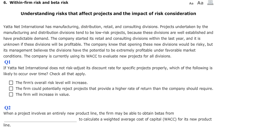 Solved 6. Within-firm Risk And Beta Risk Aa Aa Understanding | Chegg.com