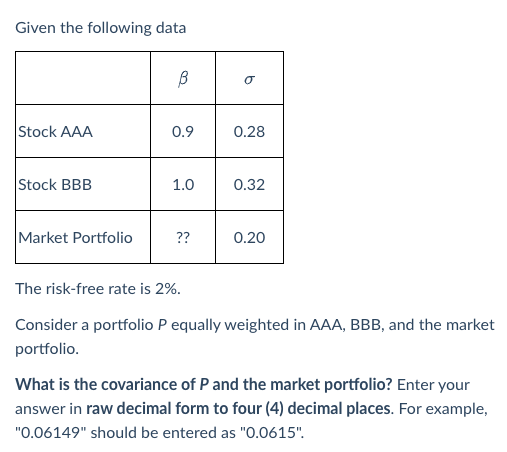 Solved Given The Following Data B 0 O Stock AAA 0.9 0.28 | Chegg.com