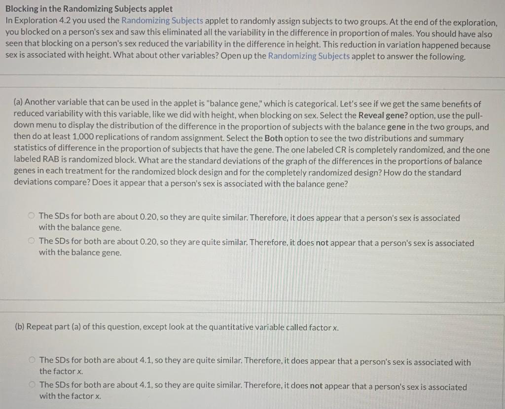 Solved Blocking in the Randomizing Subjects applet In | Chegg.com