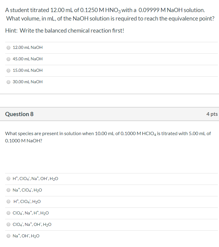 Solved 1) A student performs a titration using 10.00 mL of | Chegg.com