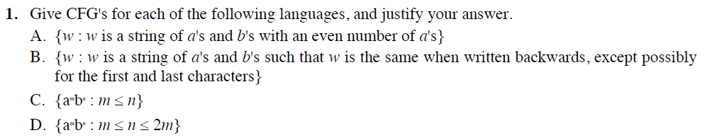 Solved 1. Give CFG's for each of the following languages, | Chegg.com