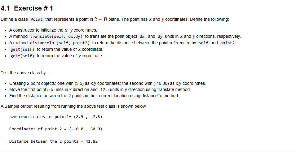 Solved 4.1 Exercise # 1 Define a class Point that represents | Chegg.com