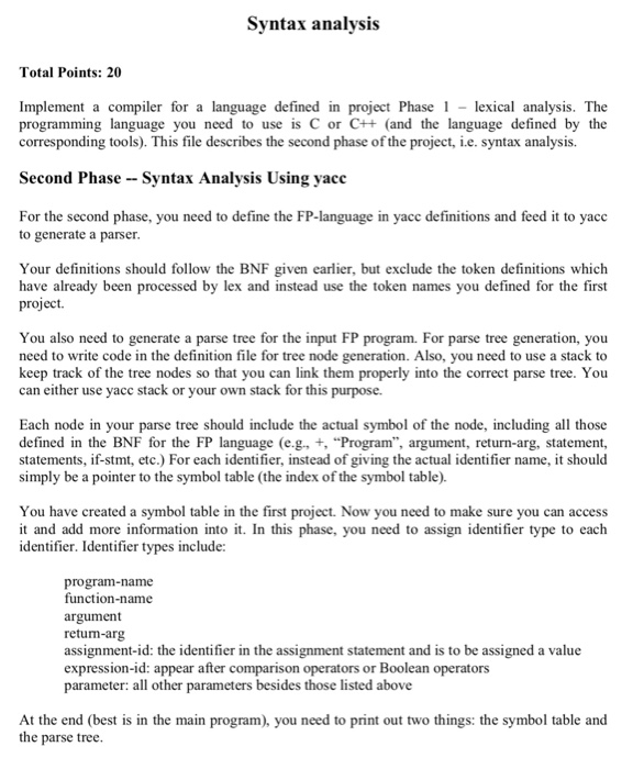 Solved Syntax analysis Total Points: 20 Implement a compiler | Chegg.com