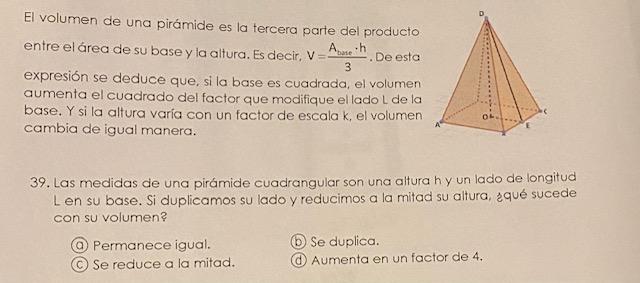 El volumen de una pirámide es la tercera parte del producto entre el área de su base y la altura. Es decir, V=2 expresión se