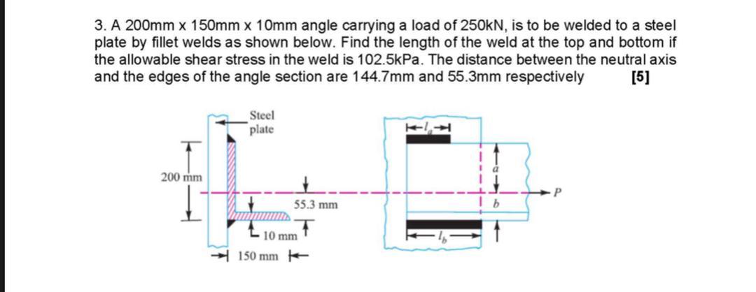 3. A 200mm x 150mm x 10mm angle carrying a load of 250kN, is to be welded to a steel
plate by fillet welds as shown below. Fi