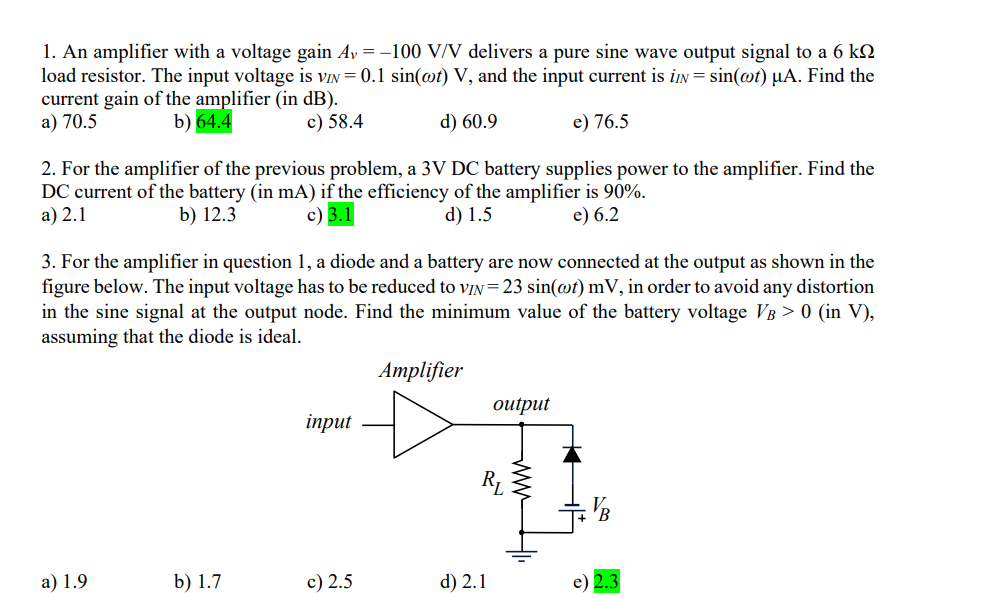 Solved 1. An amplifier with a voltage gain Av=−100 V/V | Chegg.com