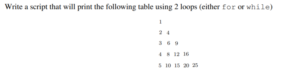Solved Write a script that will print the following table | Chegg.com