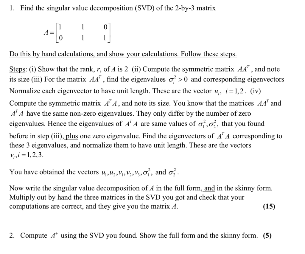 Solved 1. Find The Singular Value Decomposition (SVD) Of The | Chegg.com