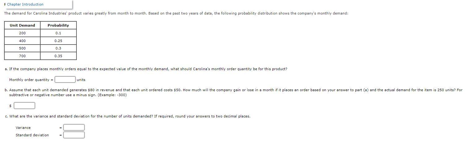 Solved F Chapter Introduction The demand for Carolina | Chegg.com