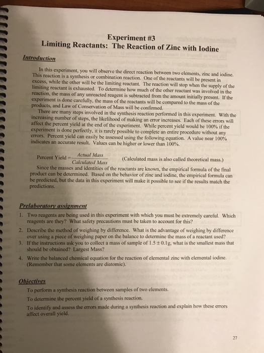 Solved Limiting Reactants The Reaction of Zinc with Iodine