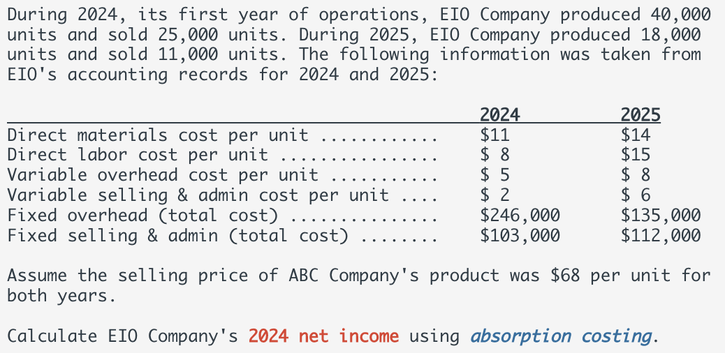 Solved During 2024 , Its First Year Of Operations, EIO | Chegg.com