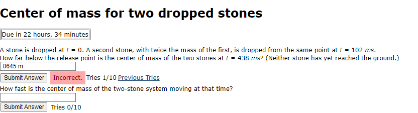Solved Center of mass for two dropped stones A stone is | Chegg.com