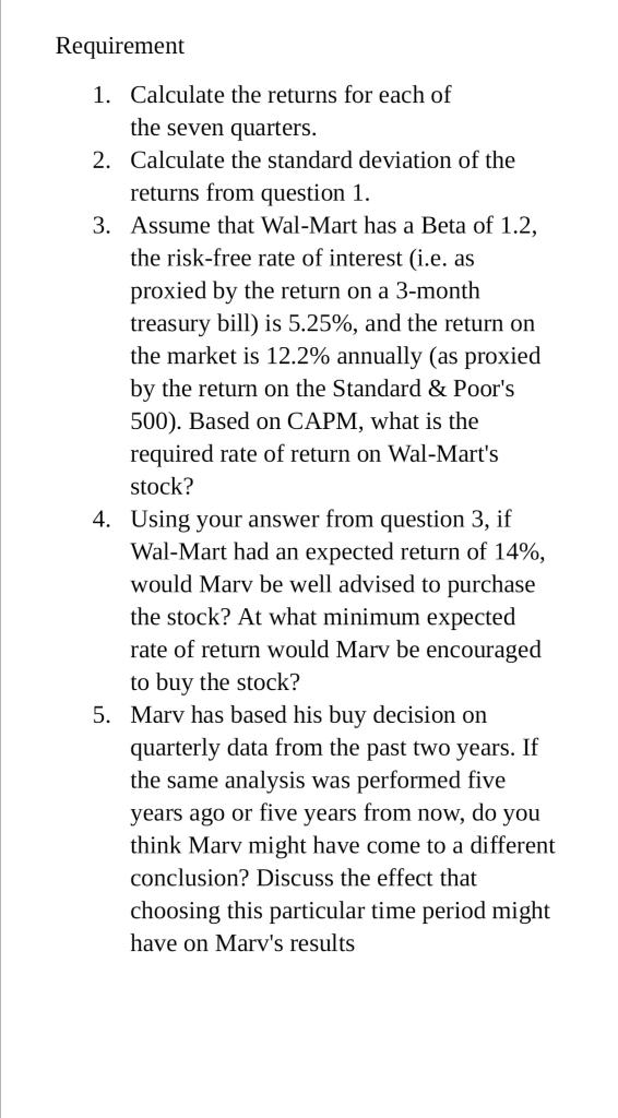 Requirement
1. Calculate the returns for each of
the seven quarters.
2. Calculate the standard deviation of the
returns from