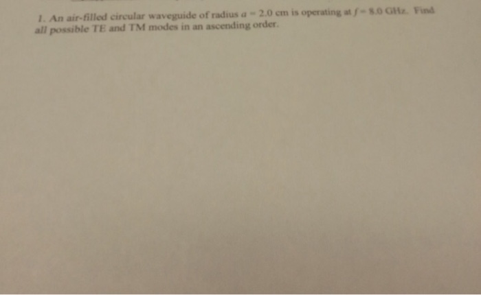 Solved 1. An air-filled circular waveguide of radius a-2.0cm | Chegg.com