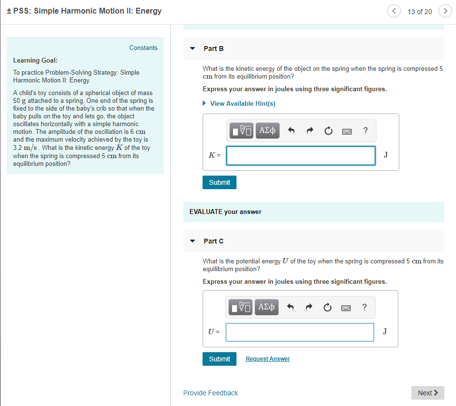 Solved + PSS: Simple Harmonic Motion II: Energy 13 of 20 > | Chegg.com