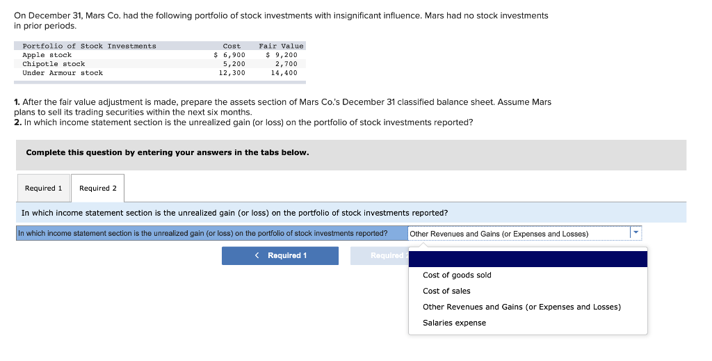 Solved On December 31 Mars Co Had The Following Portfolio Chegg