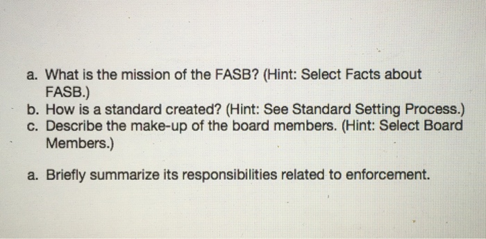 Solved a. What is the mission of the FASB? (Hint: Select | Chegg.com