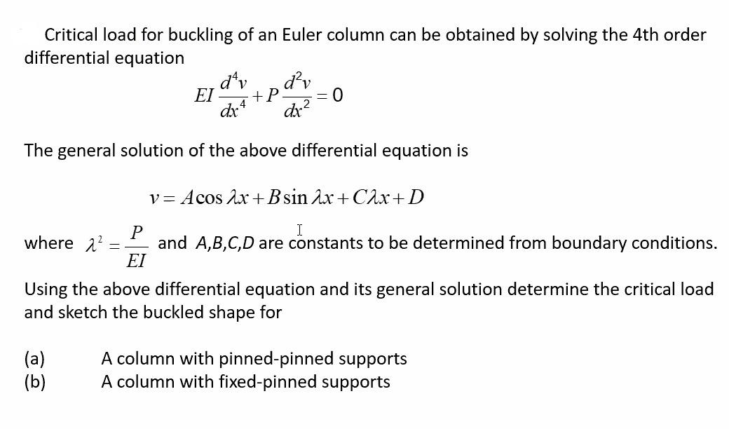 Solved Critical load for buckling of an Euler column can be