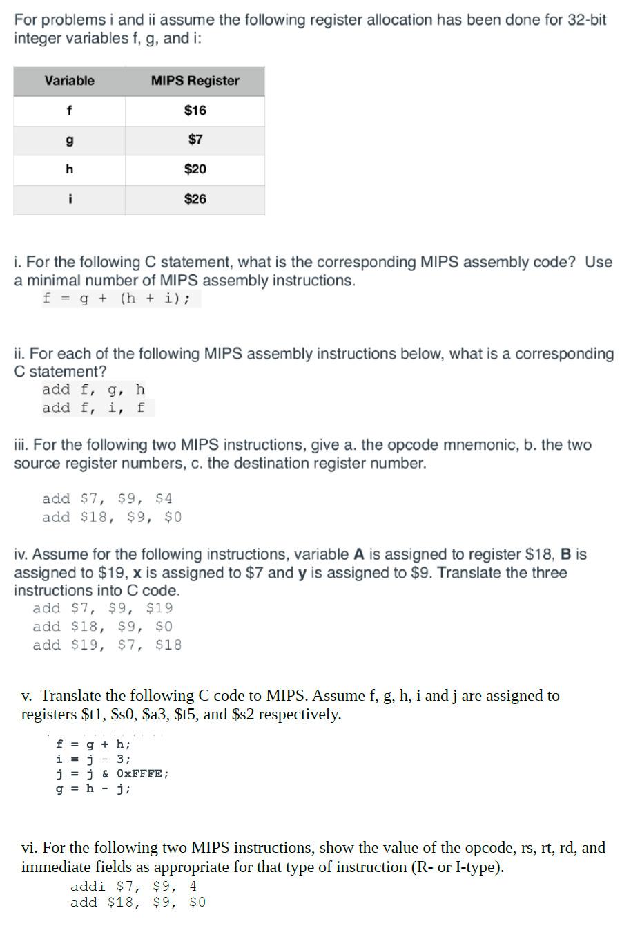 Solved For problems i and ii assume the following register | Chegg.com
