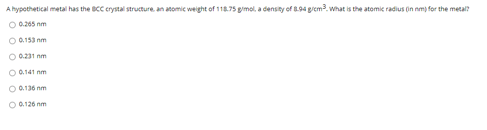 Solved A hypothetical metal has the BCC crystal structure, | Chegg.com