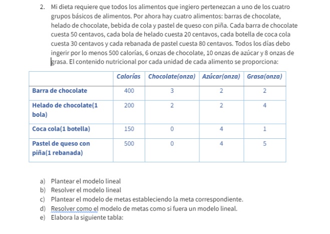 2. Mi dieta requiere que todos los alimentos que ingiero pertenezcan a uno de los cuatro grupos básicos de alimentos. Por aho